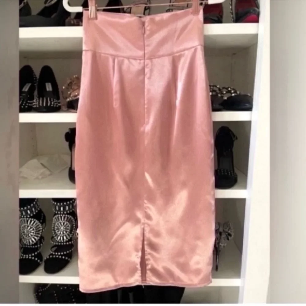 Zipper Back Button Detail Wide Waistband Split Hem Satin Skirt Size XS